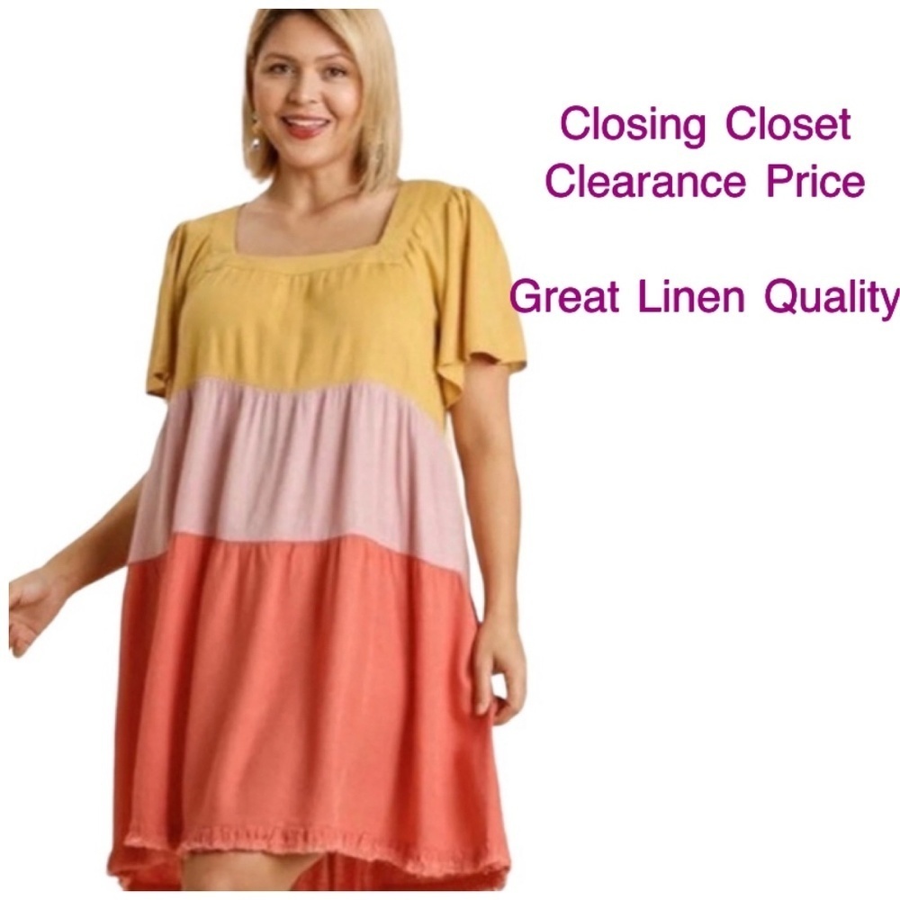 CLEARANCE- XL Umgee Linen Blend Tiered Color Block Dress